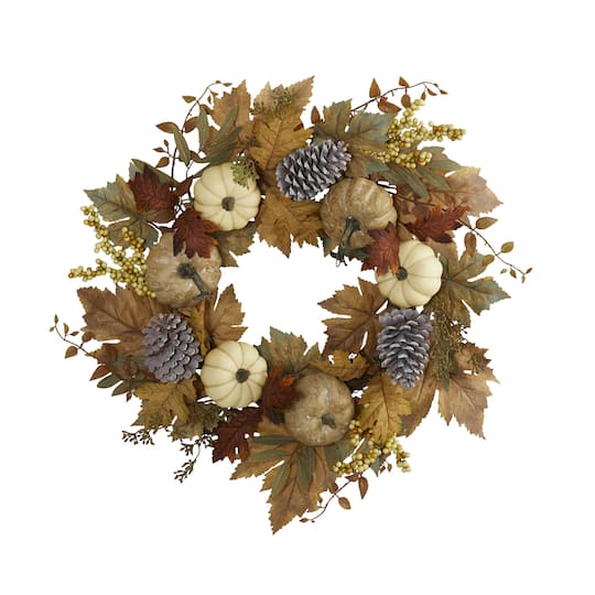 24&#x22; Fall Pumpkins, Pinecones &#x26; Berries Wreath